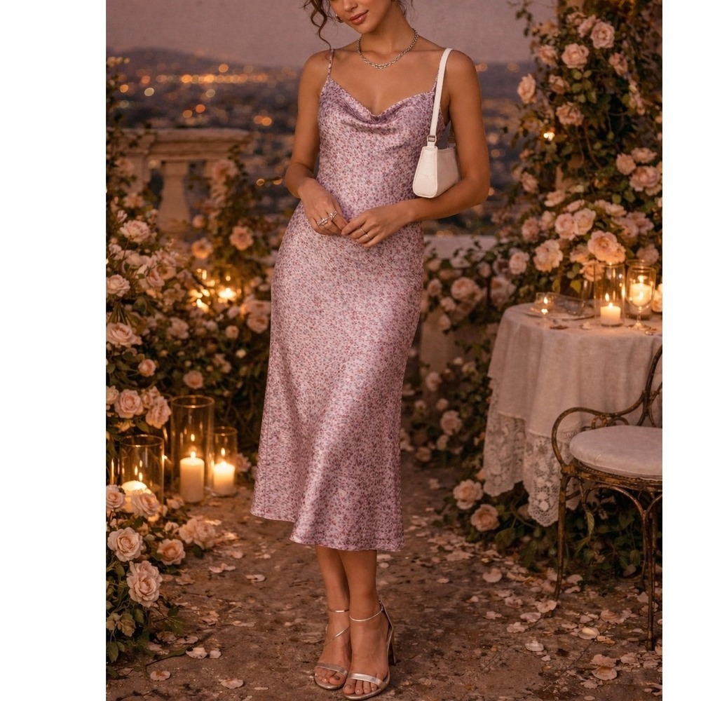 Bebe‎ Floral Slip Dress Midi Cowl Neck Y2K 90s Coquette Romantic Date Size S